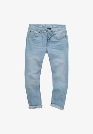 Lys blå denimjeans med en afslappet pasform, der har en knaplukning, fem lommer og opkrøllede manchetter. Diskret slidmærker på lårene.