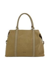 Sac en toile verte doté de deux poignées robustes, d'un design minimaliste, d'une fermeture éclair et de poches latérales agrémentées de détails en métal argenté.