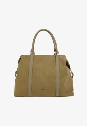 Zelena platnena torba s dva čvrsta ručka, minimalističkim dizajnom, zatvaračem na patent i bočnim džepovima sa srebrnim ukrasnim detaljima.