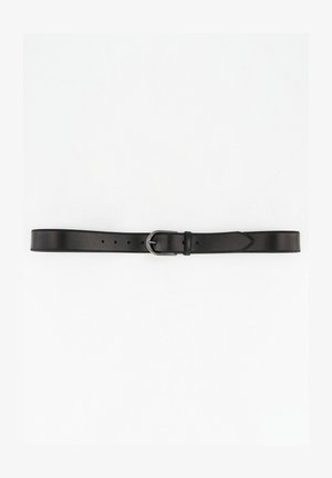 Czarny skórzany pasek o gładkiej fakturze, z okrągłą srebrną klamrą i pięcioma dziurkami do regulacji. Prosty i nowoczesny design.