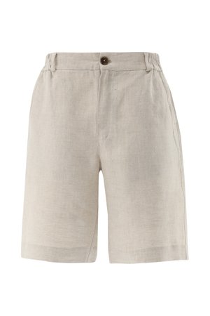 Beige Leinen-Shorts mit elastischen Seiten, vorderer Knopfverschluss und Seitentaschen, für eine entspannte Passform entworfen.
