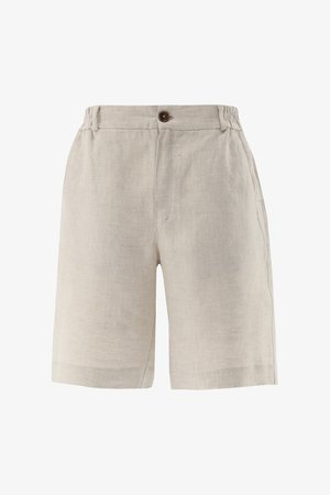 Beige Leinen-Shorts mit elastischen Seiten, vorderer Knopfverschluss und Seitentaschen, für eine entspannte Passform entworfen.