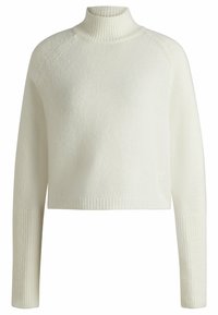 Weißer, verkürzter Pullover mit hohem, geripptem Kragen, strukturiertem Strickmuster und gerippten Bündchen. Präsentiert ein dezentes Logo-Detail auf der Vorderseite.