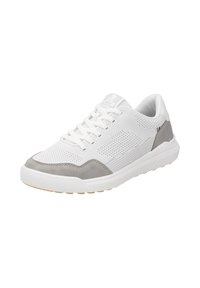 Białe sportowe buty z szarymi zamszowymi akcentami, górna część z siateczkowej tkaniny, sznurowany design, gumowa podeszwa oraz teksturowane detale po bokach.