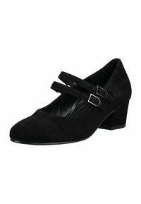 Zapatos Mary Jane de ante negro con punta redondeada, dos correas ajustables y un tacón bajo de bloque. Forro interior suave.