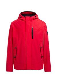 Veste imperméable rouge avec capuche, présentant une fermeture éclair à l'avant, des poches latérales avec fermoirs à bouton et un tissu texturé.