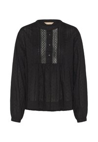 Schwarze Langarmbluse mit rundem Ausschnitt, Knopfleiste, Spitzenpaneelen und strukturiertem Punktemuster.