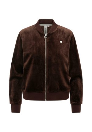 Mørk brun fløyelsbomberjakke med sølvglidelås og rund glidelåstrekk, ribbestrikkede mansjetter og kant, med subtil floral preging.