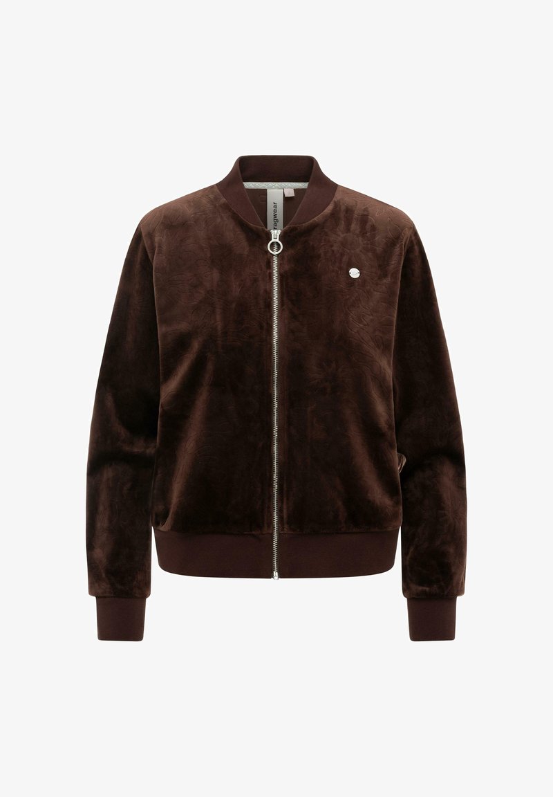 Ciemnobrązowa welurowa kurtka bomber z srebrnym zamkiem błyskawicznym i okrągłym suwakiem, ściągaczami na mankietach i u dołu, z delikatnym tłoczonym motywem kwiatowym.