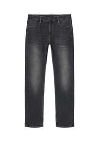 Miesten slim fit -istutetut mustat kulutetut farkut, joissa edessä nappi ja vetoketju, viiden taskun malli ja hienovaraiset haalistumat reisissä ja polvissa.
