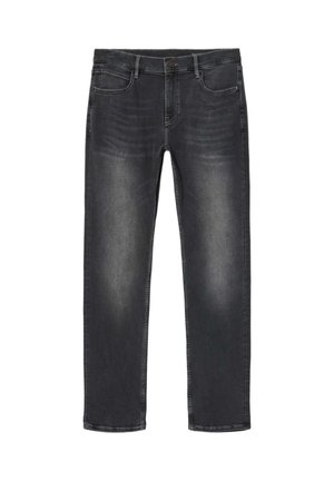 Herren Slim-Fit schwarze, gewaschene Jeans mit vorderem Knopf und Reißverschluss, Fünf-Taschen-Design und dezenten Verblassungen an Oberschenkeln und Knien.