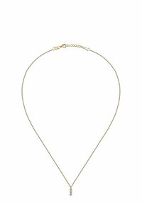 Collana in oro con una sottile lucentezza, dotata di un piccolo pendente verticale decorato con una pietra trasparente, fissata con un gancio.