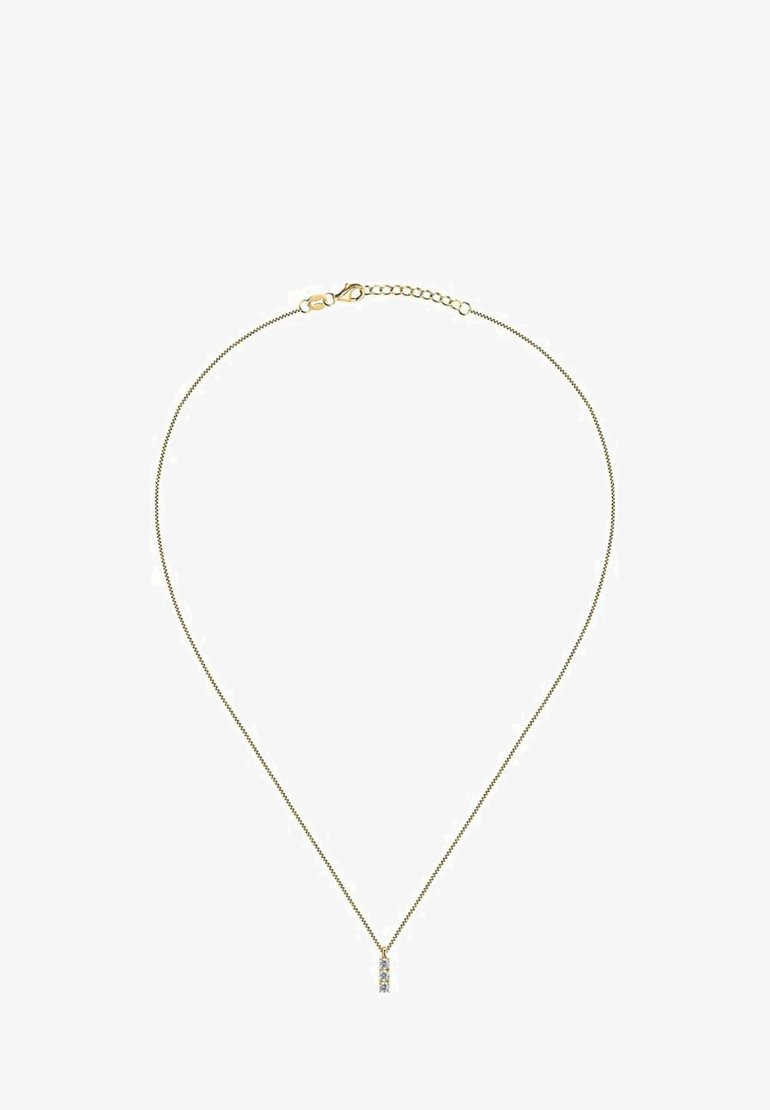 Guld kæde med en subtil glans, prydet med en lille vertikal vedhæng udsmykket med en klar sten, sikret med en clasps.