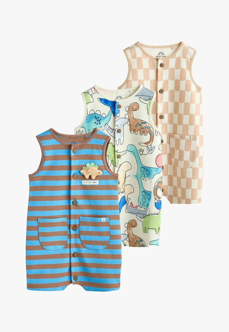 Trois grenouillères sans manches pour bébé avec boutons : rayures bleues et marron avec patch dinosaure, blanc avec imprimés colorés de dinosaures, et motif à carreaux beige.