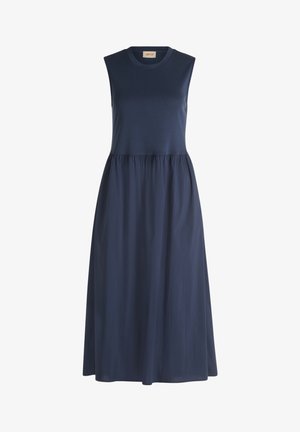 Ärmelloses marineblaues Midikleid mit rundem Ausschnitt, tailliertem Oberteil und gerafftem A-Linien-Rock, dargestellt auf weißem Hintergrund.