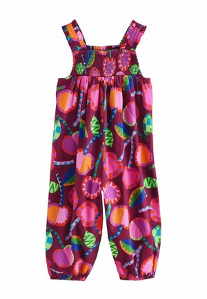 Children’s sleeveless jumpsuit with elastic top and hems, featuring bright multicolored floral and leaf patterns on a purple background.
