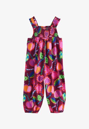 Ärmelloser Kinder-Overall mit elastischem Oberteil und Bündchen, versehen mit leuchtend bunten Blumen- und Blattmustern auf lila Hintergrund.