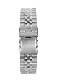 Edelstahlarmbanduhr mit polierter Oberfläche, ausgestattet mit einem strukturierten Gliederarmband und einem sicheren Verschluss. Graviertes "Jacques Lemans"-Logo auf dem Verschluss.