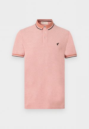 Polo rose à manches courtes avec col boutonné et bordure rayée noire et blanche aux manches et au col, avec petit logo oiseau noir sur la poitrine.
