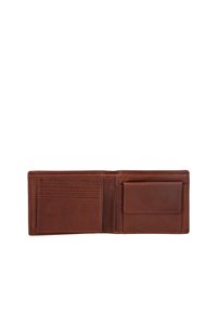 Brown leather bifold wallet with multiple card slots and a coin pocket, open and empty on a white background.