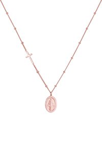 Collana in oro rosa con catena, caratterizzata da una croce e un pendente ovale con un rilievo di una figura, collegati da delicati accenti a perlina.