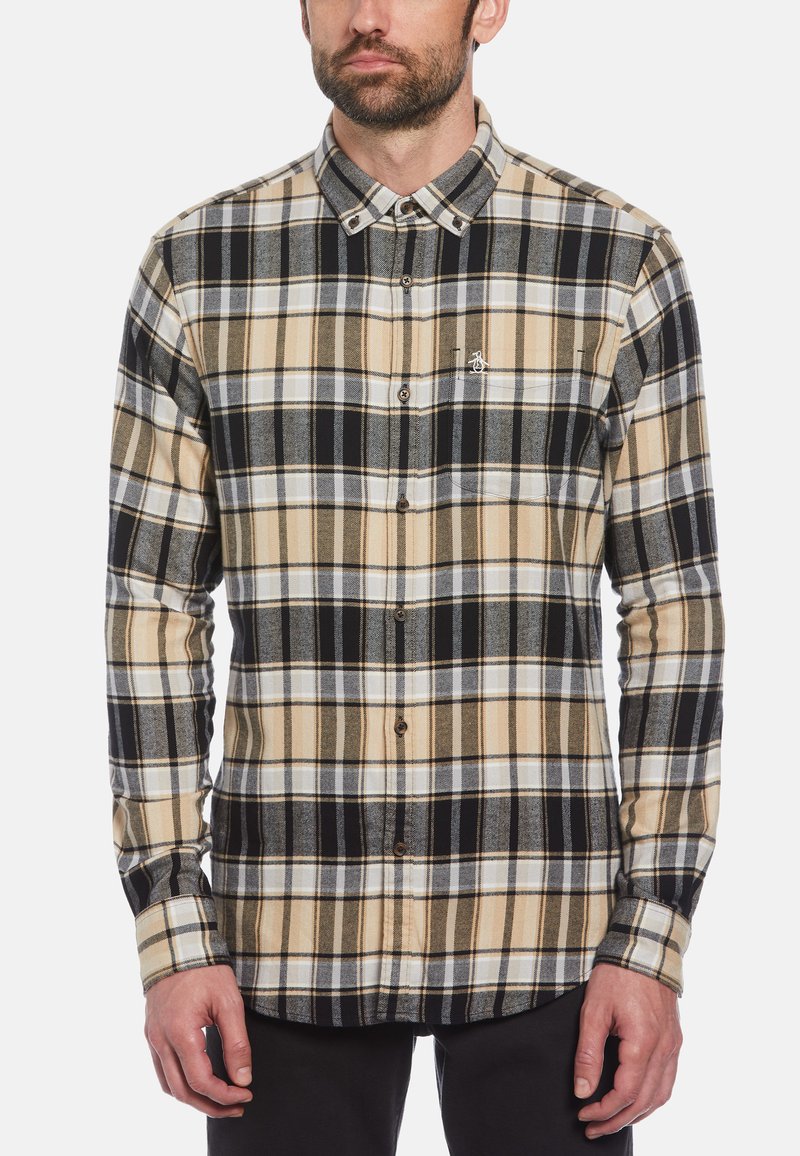 Heren overshirt met lange mouwen in beige, zwart en wit; voorzien van knoopsluiting en klein logo op de borstzak. Gemaakt van een gestructureerde stof.