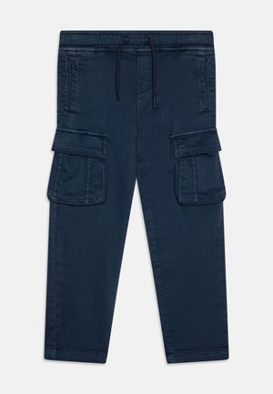 Navy cargo pants featuring two side pockets, two front cargo pockets, a drawstring waistband, and a smooth, lightweight fabric.