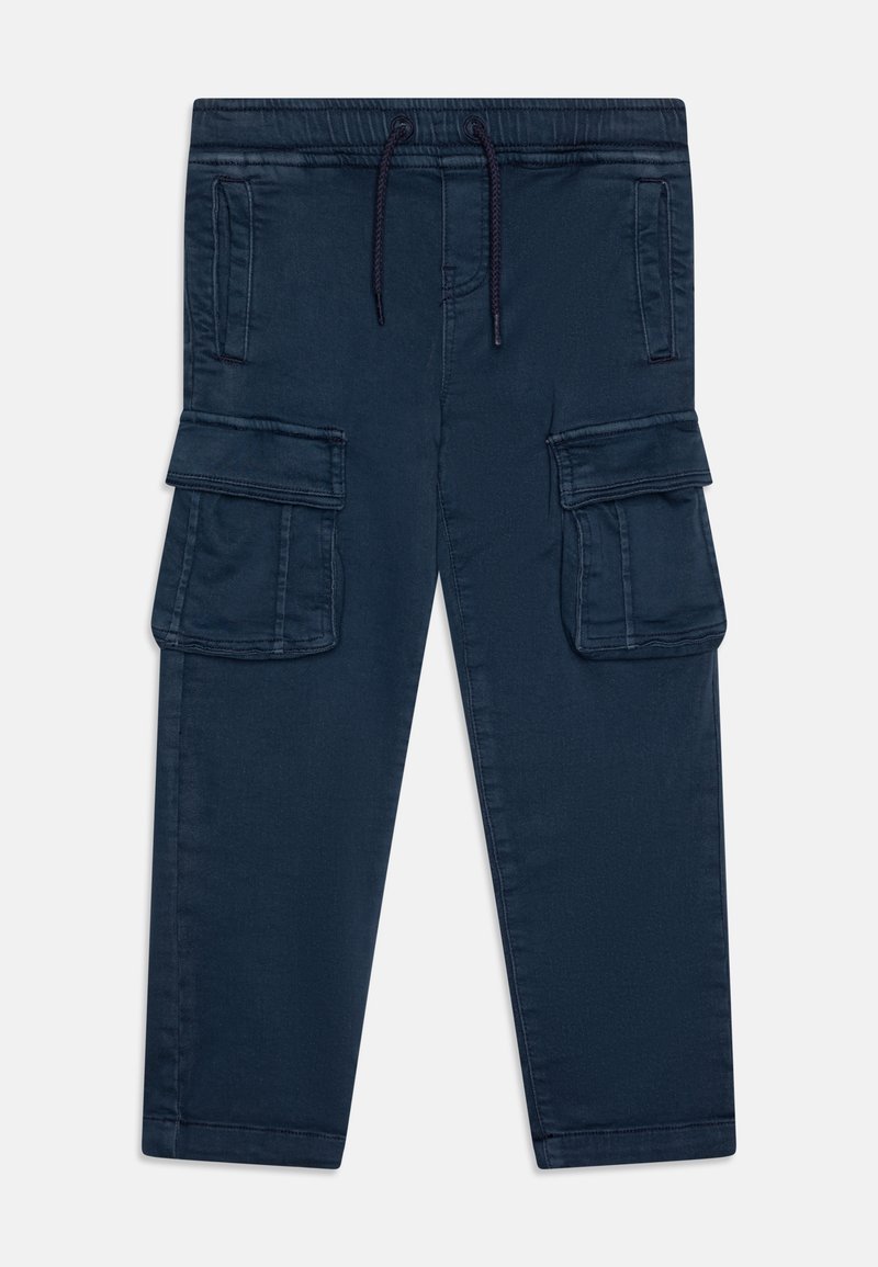 Pantalon cargo bleu marine avec deux poches latérales, deux poches cargo à l'avant, une taille à cordon de serrage et un tissu lisse et léger.