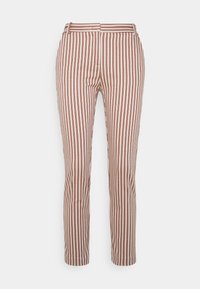 Pantalons rayés en marron et crème, dotés d'une coupe droite, d'une taille mi-haute et d'un tissu lisse avec des lignes verticales pour un look ajusté.