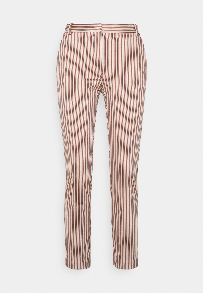 Pantalons rayés en marron et crème, dotés d'une coupe droite, d'une taille mi-haute et d'un tissu lisse avec des lignes verticales pour un look ajusté.