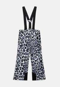 Hlače s leopard uzorkom u crnoj, bijeloj i svijetloplavoj boji. Imaju široke nogavice, podesive naramenice i okrugli logotip blizu struka.