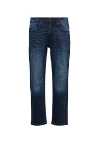 Jeans en denim bleu foncé avec une coupe droite, présentant un effet d'usure et un léger délavage, une fermeture à bouton et un style à cinq poches.