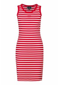 Ärmelloses Kleid mit rot-weißen Streifen aus Baumwolle. Figurbetontes Design mit rundem Ausschnitt und subtiler Markenkennzeichnung auf der Brust.