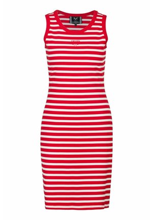 Ärmelloses Kleid mit rot-weißen Streifen aus Baumwolle. Figurbetontes Design mit rundem Ausschnitt und subtiler Markenkennzeichnung auf der Brust.
