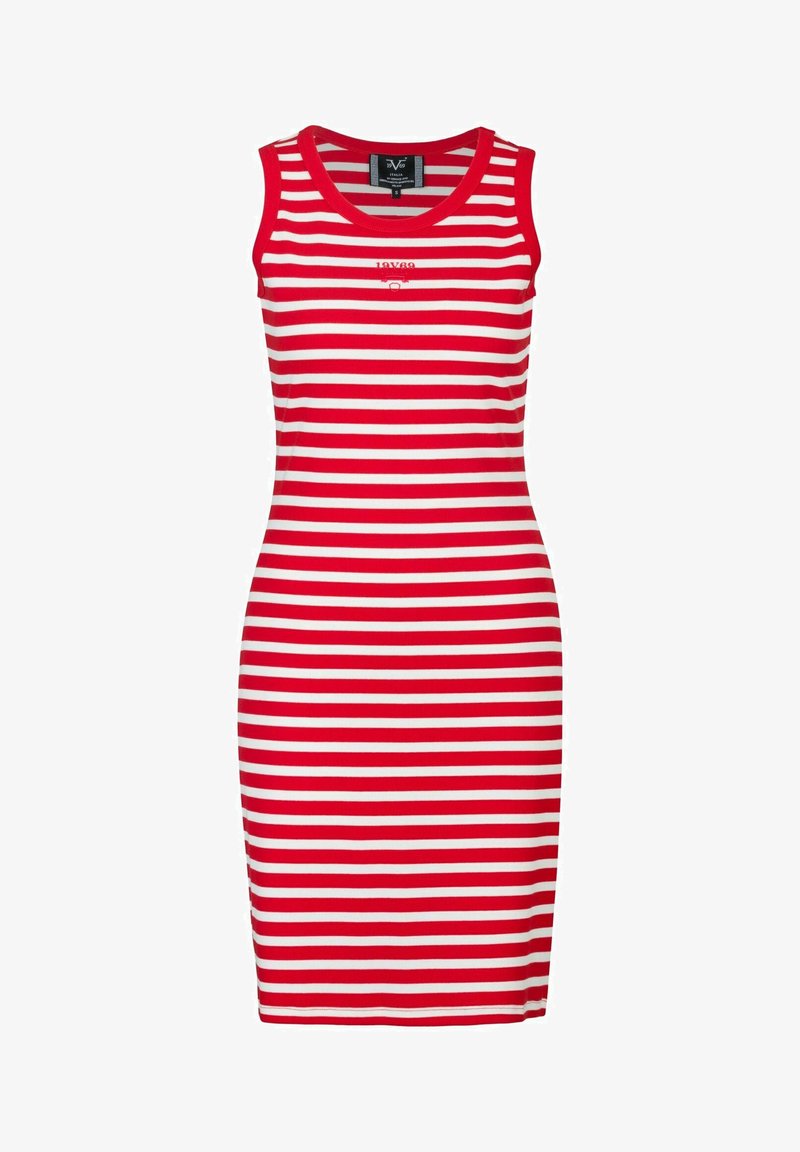 Ärmelloses Kleid mit rot-weißen Streifen aus Baumwolle. Figurbetontes Design mit rundem Ausschnitt und subtiler Markenkennzeichnung auf der Brust.