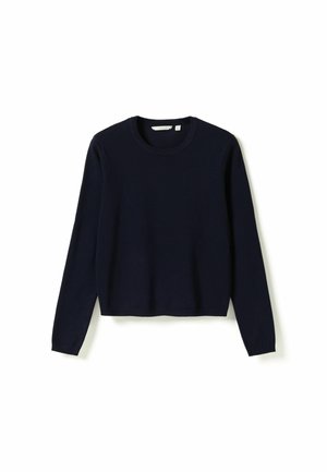 Tumesinise tooniga pika varrukaga ümarkaelusega kampsun, lihtsa ja ühevärvilise disainiga, soonikservadega varrukatel ja äärel.