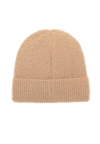 Pletená čepice z měkké béžové vlny. Má žebrovaný lem a měkký chlupatý povrch, s kulatým vrškem. Lehký a útulný design.