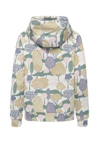 Felpa con cappuccio in morbido tessuto, caratterizzata da un motivo ad albero multicolore con dettagli verdi, beige, rosa e viola, e con polsini e orlo a coste.