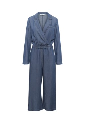 Denimfordon med elastisk midja, långa ärmar, krage och vida ben. Har en bröstficka och mjuk textur i mörkblått.