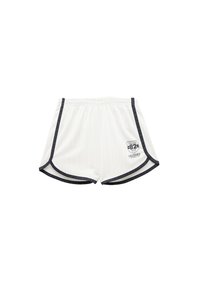 Hvide sportsshorts med marineblå kant og detaljer. Har et lille grafisk patch, elastisk talje og en let, glat tekstur.