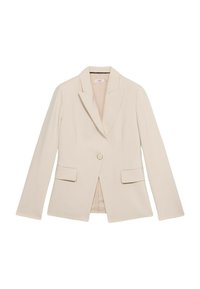 Blazer su misura beige chiaro con risvolto, bottoniera frontale singola, due tasche frontali e maniche lunghe. Tessuto liscio.