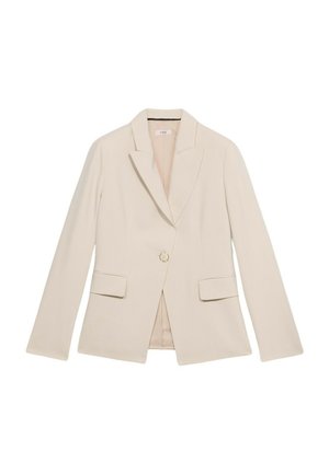 Blazer su misura beige chiaro con risvolto, bottoniera frontale singola, due tasche frontali e maniche lunghe. Tessuto liscio.