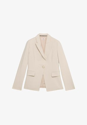 Lichtbeige op maat gemaakte blazer met een geknipt revers, één enkele knop aan de voorkant, twee voorkeurs en lange mouwen. Soepele textuur.