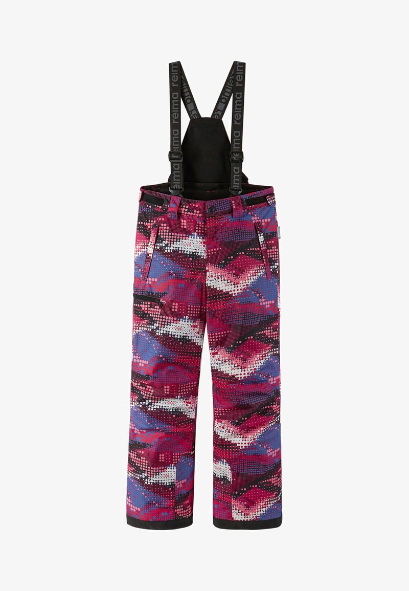 Kolorowe spodnie narciarskie z abstrakcyjnym wzorem w fioletowe, różowe i niebieskie odcienie. Wyposażone w regulowane szelki i kieszenie na zamek. Wykonane z trwałego materiału.