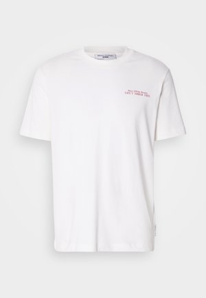 White cotton t-shirt with short sleeves. Features red text "CAN'T TOUCH THIS" on the left chest. Classic crew neck design.