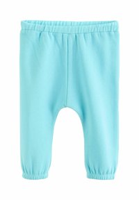 Türkisfarbene Babyhose mit elastischem Bund, schmal zulaufenden Beinen und gerafften Bündchen, gefertigt aus weichem, dehnbarem Stoff.