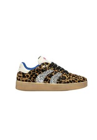Sneakers con stampa leopardata, stringhe nere, rivestimento interno blu e strisce glitter argento. Suola in gomma e intersuola beige, materiale superiore con trama.