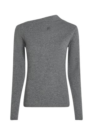 Pull gris à manches longues avec un col asymétrique. Fabriqué en un matériau doux et texturé. Il présente un petit détail de logo près du col.