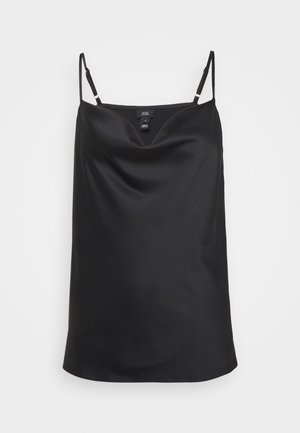 Black satin camisole with a V-neckline, thin adjustable straps, and a smooth texture. Features a simple and minimalistic design.