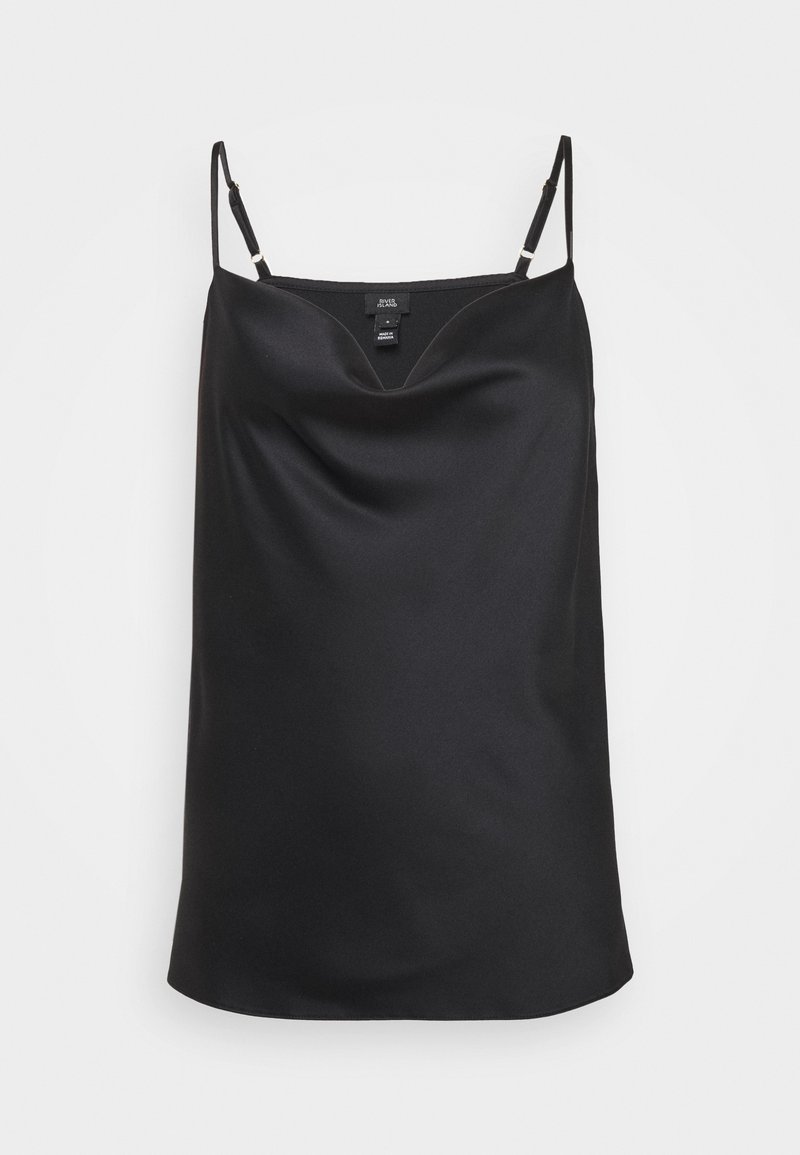 Czarna satynowa koszulka na cienkich, regulowanych ramiączkach z dekoltem w serek i gładką fakturą. Charakteryzuje się prostym i minimalistycznym wzornictwem.